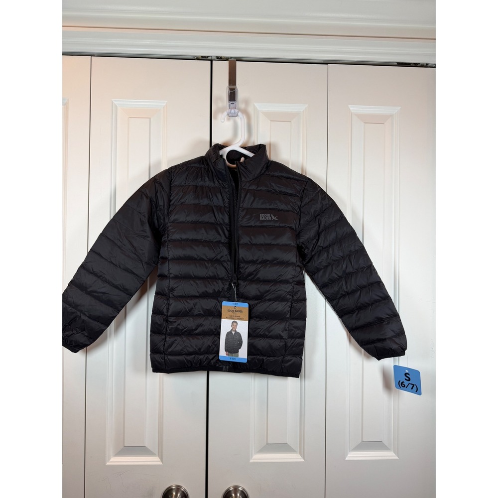 Eddie Bauer Kids Down Packable Jacket Black Puffer Coat Size S 6/7 NWT